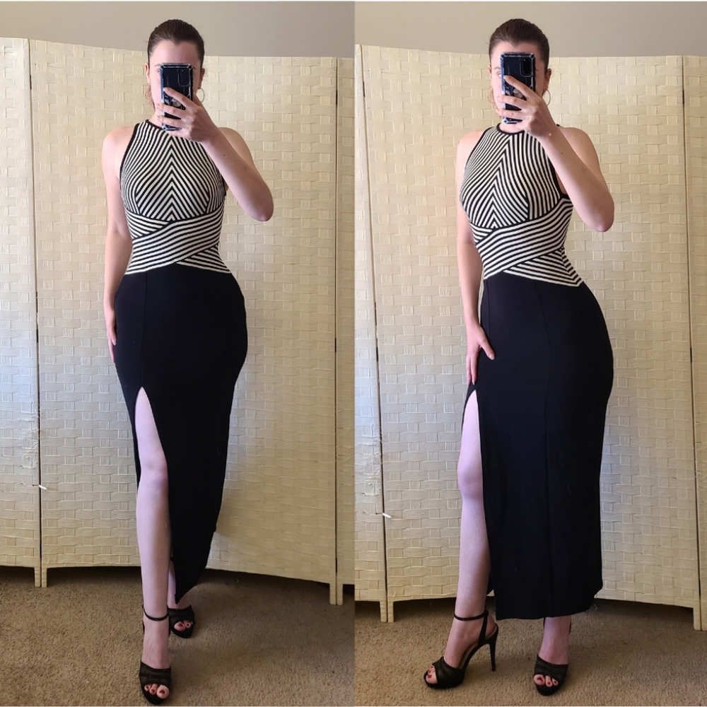 80s TADASHI Saks Fifth Avenue Black White Bodycon Formal Thigh Slit Dress 4